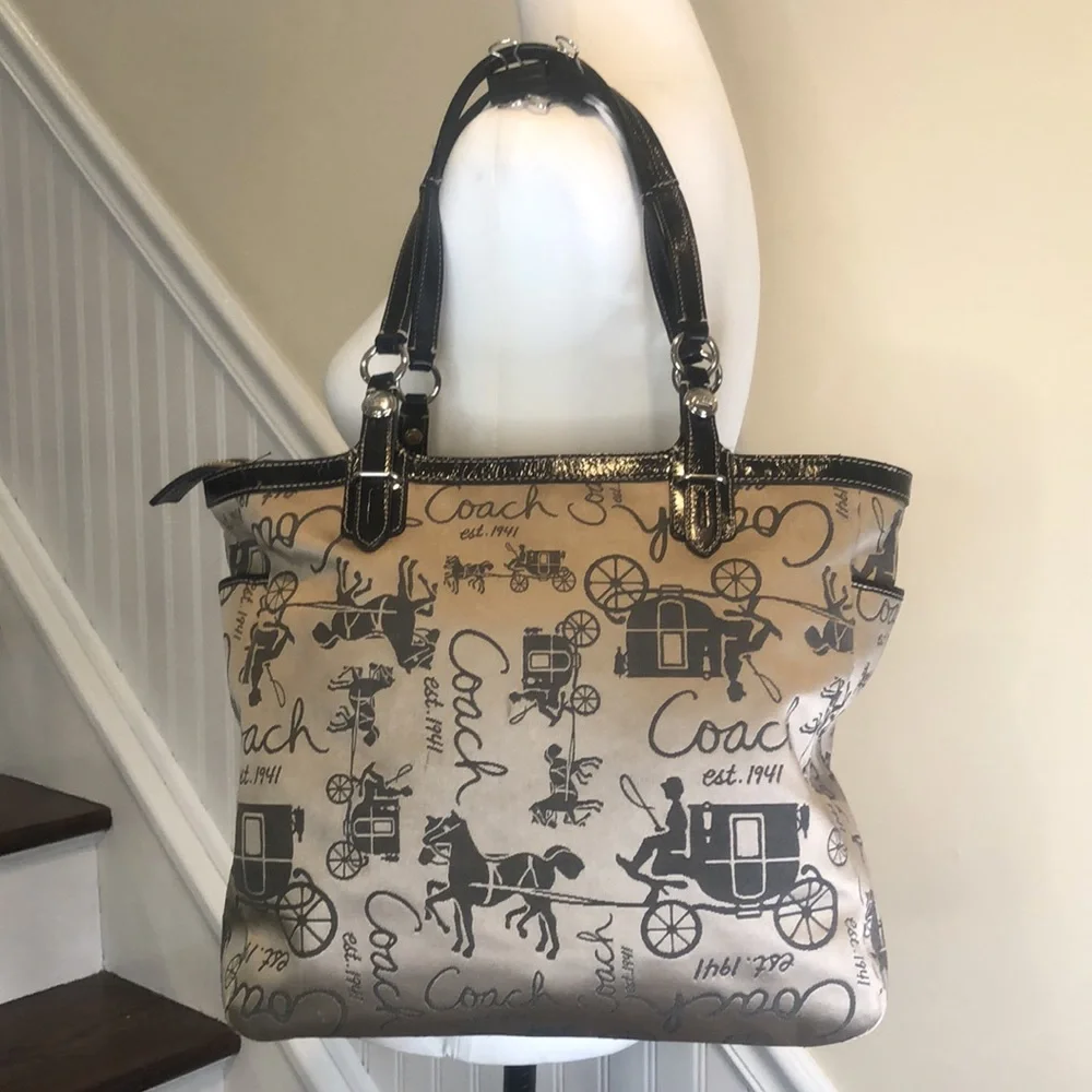 COACH Vintage Horse & Carriage Tan Satin Shoulder Bag  Black Leather Straps